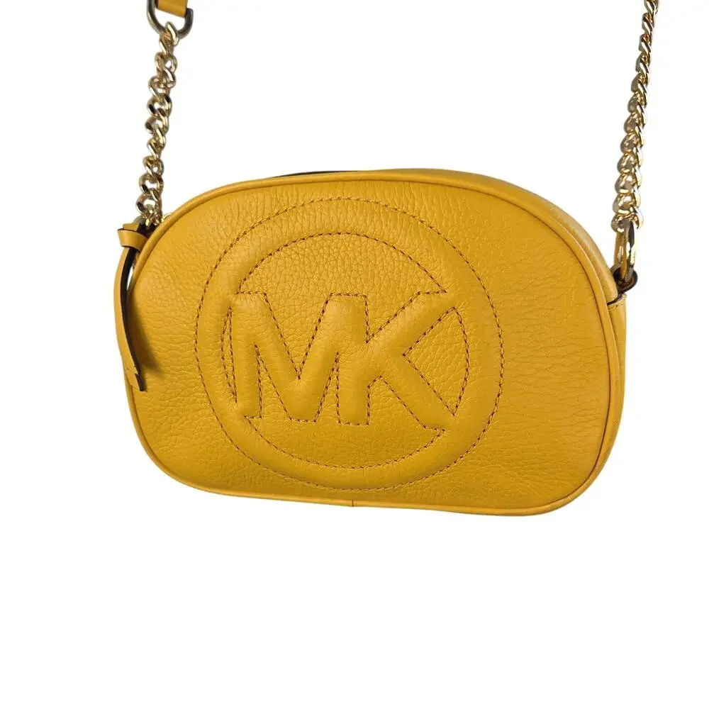 Michael Kors Yellow Crossbody Bag Brynn Pebbled Leather Chain Strap - Picture 4 of 12